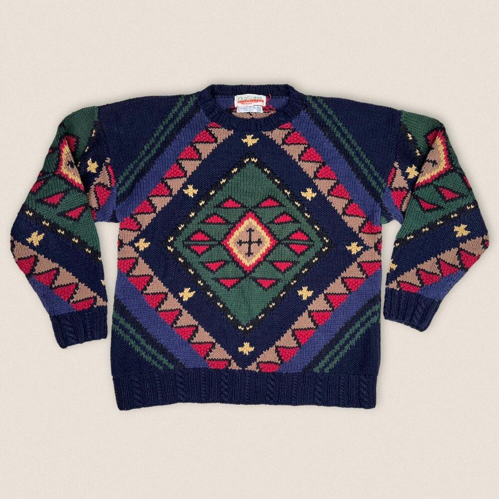 Vintage 90s Chunky Oversized Sweater‎ Crew Neck Aztec Western Size Medium